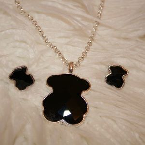 Tous Onyx Sterling Silver Pendant and Earrings